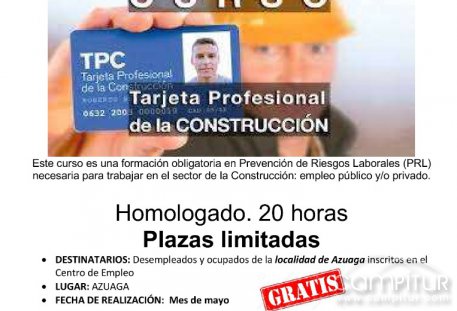ABIERTO EL PLAZO DE INSCRIPCIÓN PARA EL CURSO GRATUITO DE LA TARJETA PROFESIONAL DE LA CONSTRUCCIÓN (TPC) EN AZUAGA